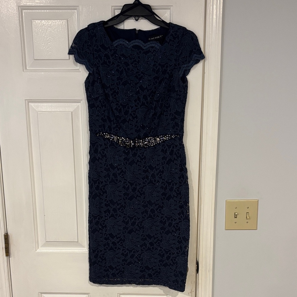 Cachet Navy Lace Midi Dress with Jeweled Belt and cap sleeves
